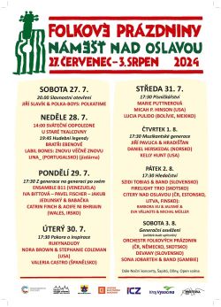 Program hlavní scény festivalu Folkové prázdniny po jednotlivých dnech: